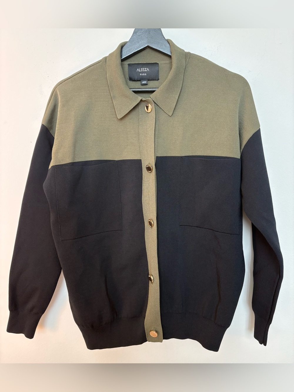 Aleeza Paris Women’s Olive And Black Knit Dual Pocket Sweater Size L Sku #102
